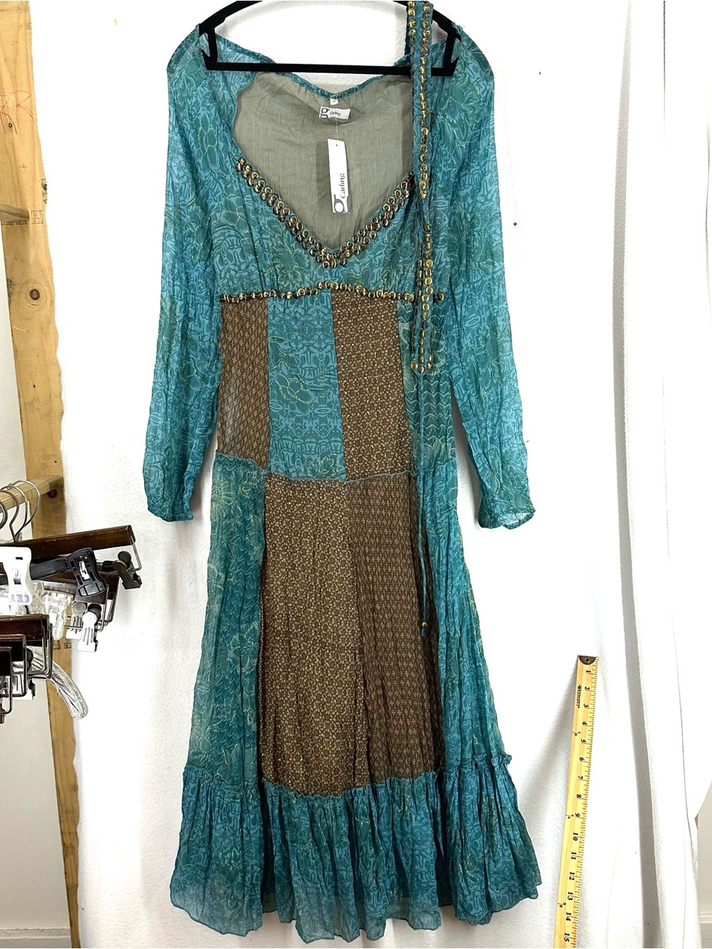 Carling Patchwork Boho Maxi Dress Women’s US 6 Teal Brown Beaded NWT